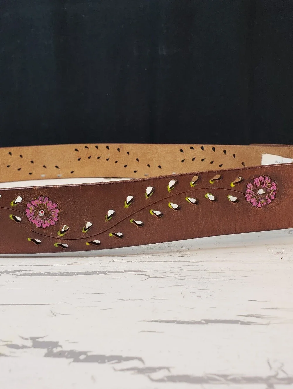 Handpainted Floral Vine Motif  Leather Belt in Brown in size XL
